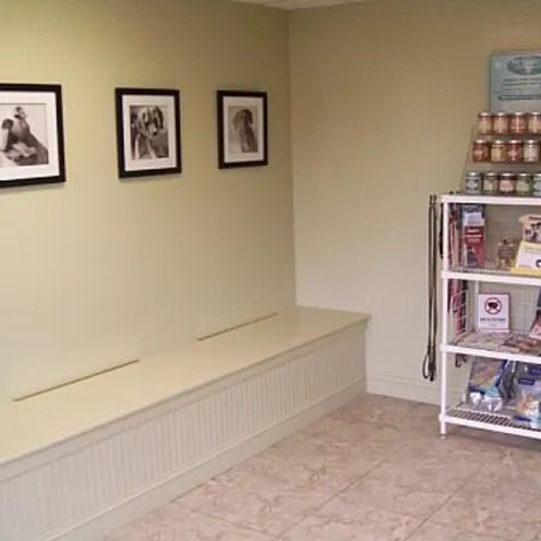 Highway 92 Animal Hospital's waiting room for dogs with veterinary products for purchase